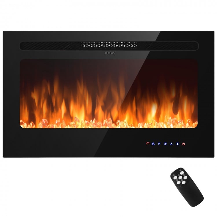 36-inch wall-mounted electric fireplace insert with realistic flames, remote control, and adjustable temperature.