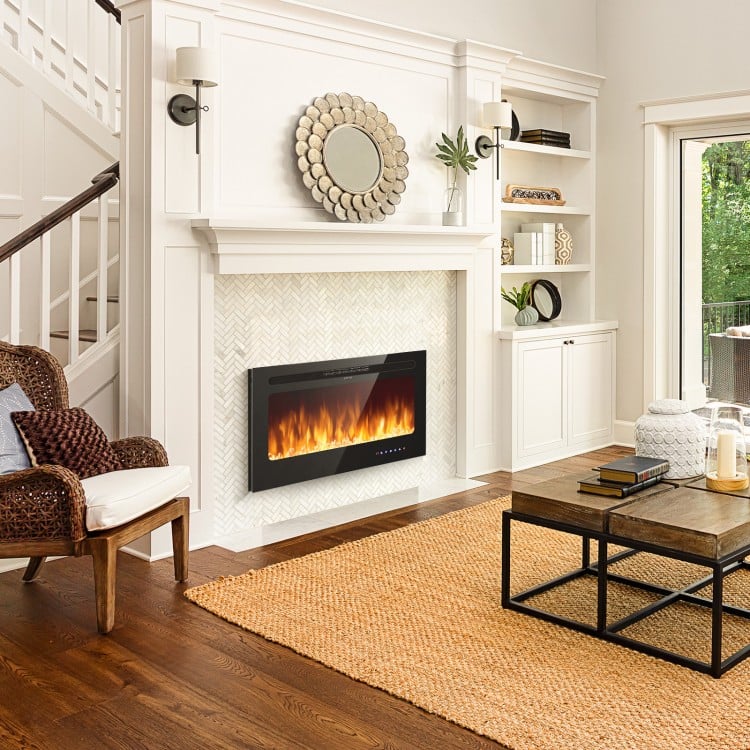 Wall-mounted 36-inch electric fireplace insert with realistic flame effects, remote control, and timer for cozy warmth.