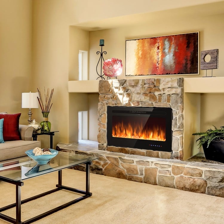 Wall-mounted 36 Inch electric fireplace insert with realistic flame effects and remote control for cozy room heating.