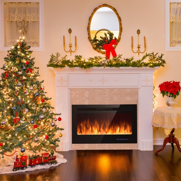 36-inch electric fireplace insert with realistic flames, remote control, and timer, perfect for cozy living spaces.