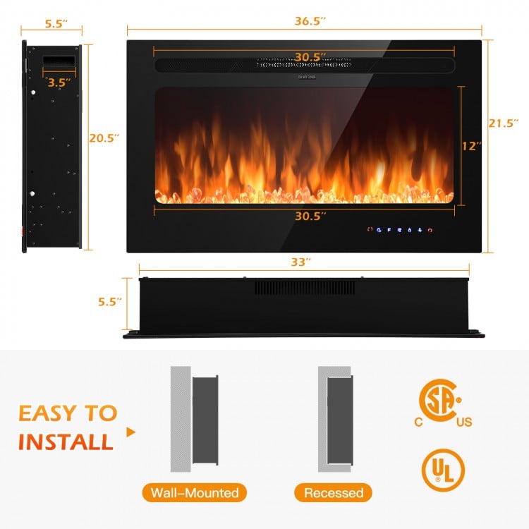 36-inch electric fireplace insert with realistic flame effects, remote control, and easy wall-mounted installation.