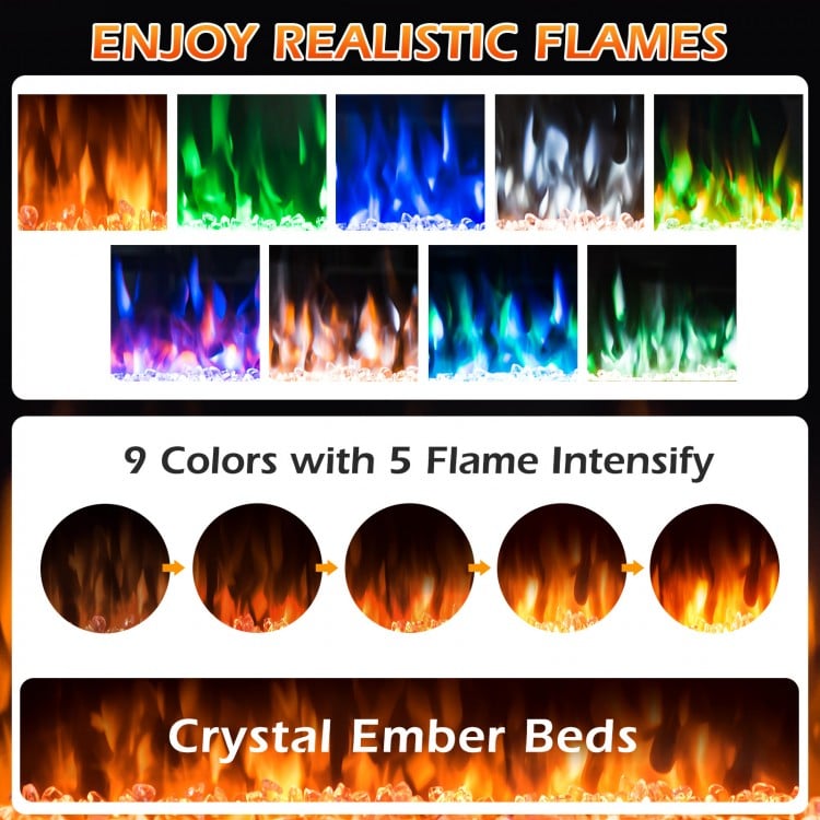 Electric fireplace insert showcasing 9 flame colors and 5 intensities for customizable warmth and ambiance.