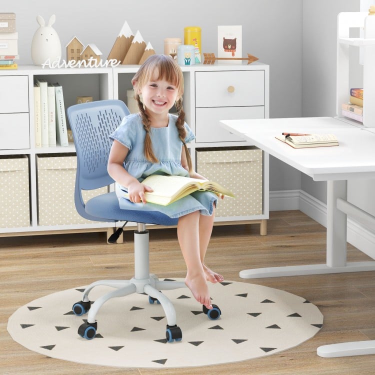Ergonomic blue children’s study chair with adjustable height, featuring a breathable mesh back and sponge padded seat.