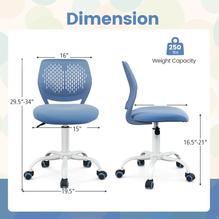 Height adjustable blue ergonomic children study chair with breathable mesh back and sponge padded seat for comfort.