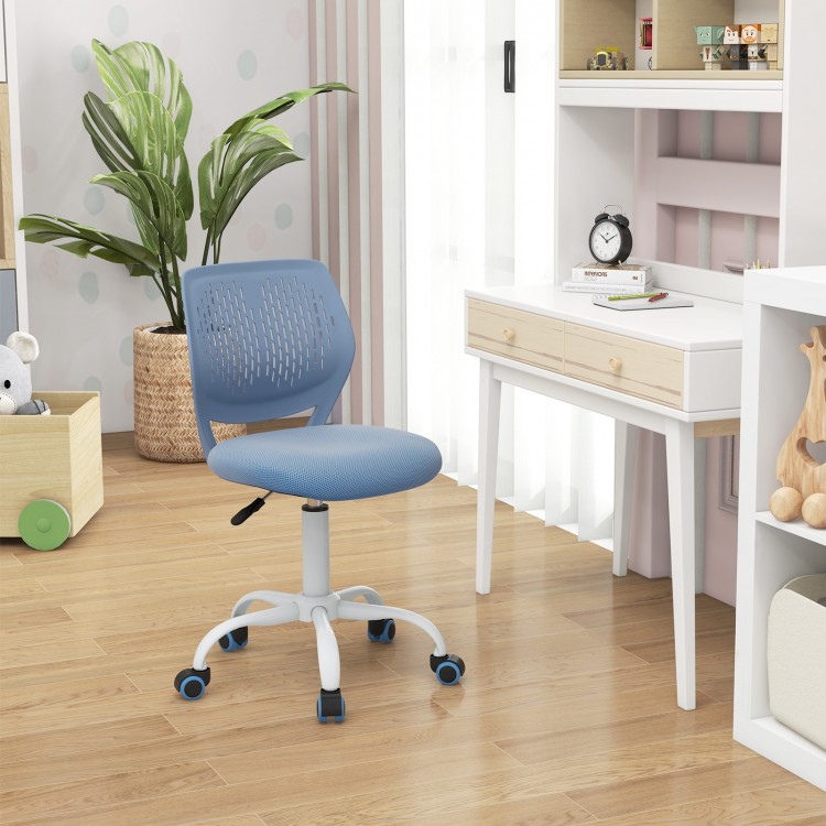 Ergonomic blue children’s study chair with adjustable height, breathable mesh back, and smooth-rolling casters for easy.