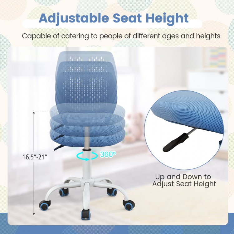 Ergonomic blue children’s study chair with adjustable height from 16.5” to 21”, featuring a breathable mesh back.