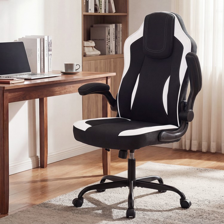 Ergonomic black office chair with 90° flip-up armrests, adjustable height, and comfortable linen upholstery for dynamic.