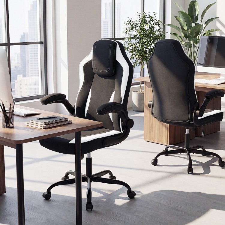 Ergonomic black office chair with flip-up armrests, upholstered in linen fabric, perfect for dynamic workspace comfort.