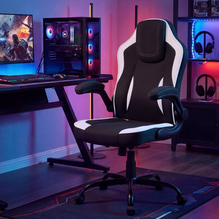 Ergonomic black office chair with 90° flip-up armrests, adjustable height, and comfortable linen fabric for dynamic.