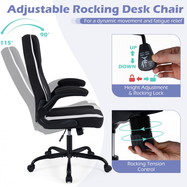 Adjustable ergonomic office chair with 90° flip-up armrests, height adjustment, and rocking tension control for comfort.