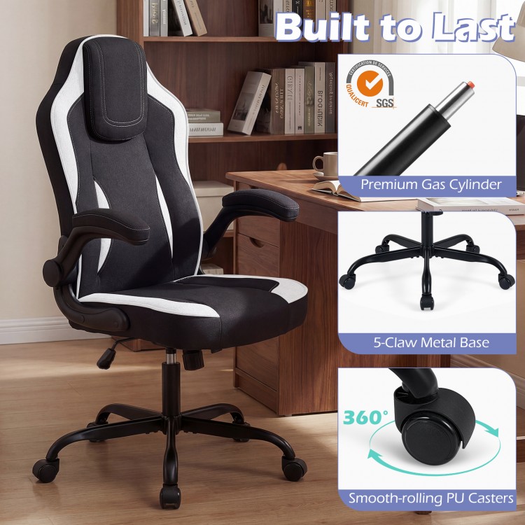 Ergonomic black office chair with 90° flip-up armrests, adjustable height, and smooth-rolling PU casters for easy.