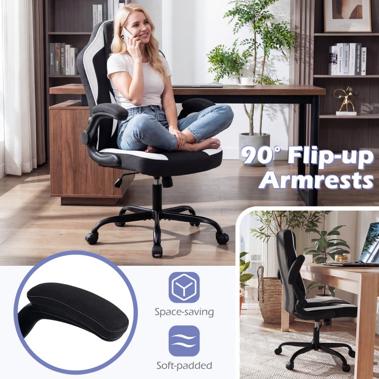 Ergonomic black office chair with 90° flip-up armrests, soft-padded seat, and adjustable height for comfort and.