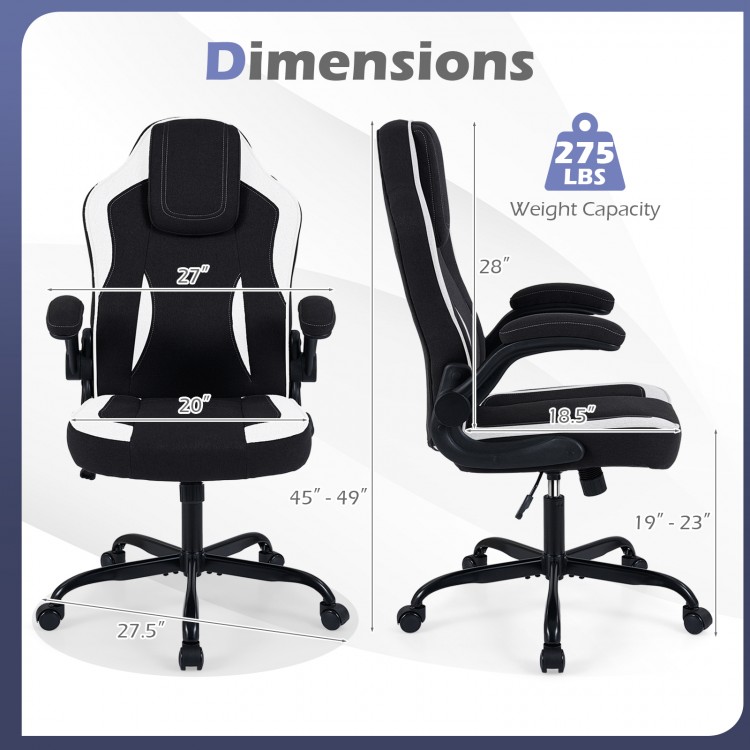 Ergonomic black office chair with dimensions, featuring 90° flip-up armrests and a weight capacity of 275 lbs.