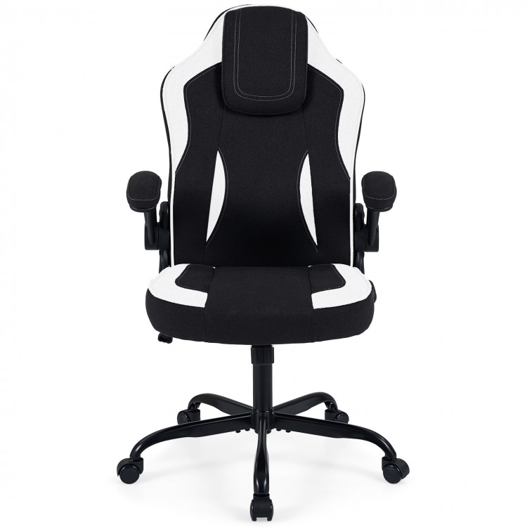 Ergonomic black office chair with 90° flip-up armrests, upholstered linen fabric, and adjustable height for comfort.