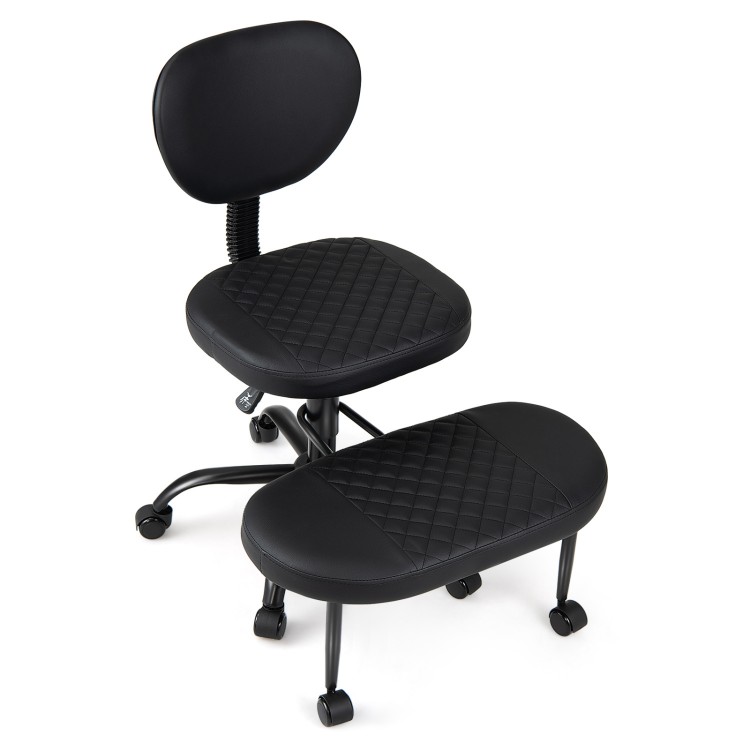 Ergonomic black office chair with adjustable height, curved backrest, and rolling wheels for home office comfort.