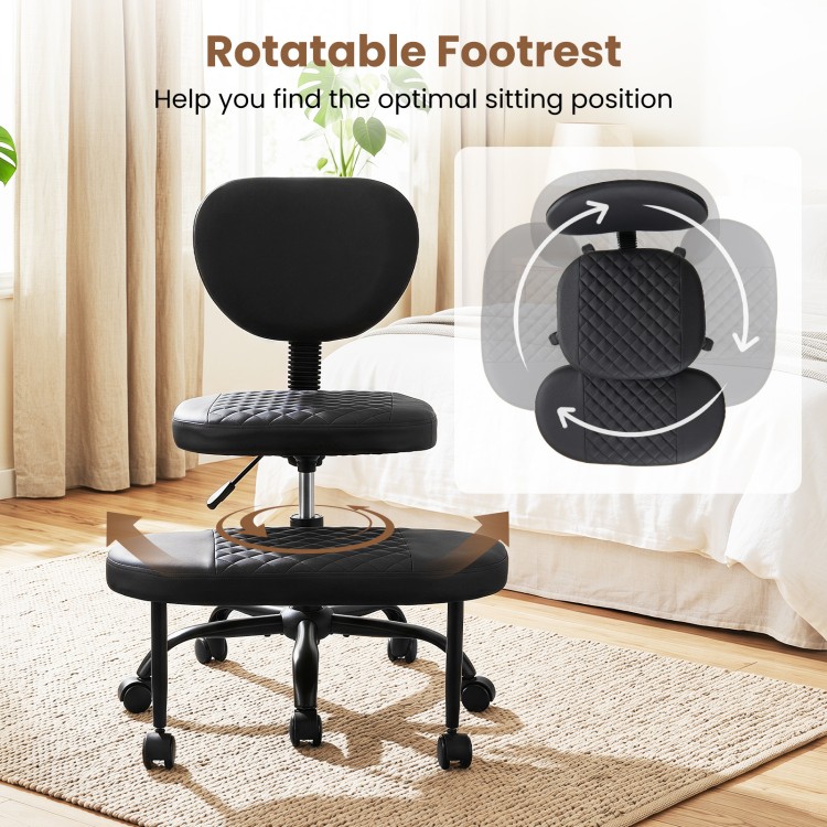 Ergonomic black office chair with height-adjustable seat and rotatable footrest for optimal comfort and support.