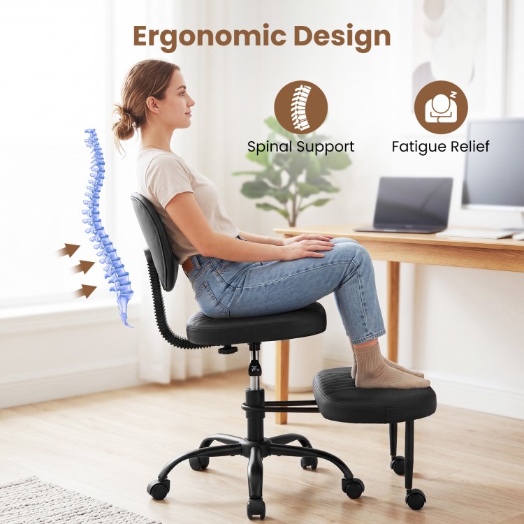Ergonomic black office chair with height-adjustable seat, lumbar support, and rolling wheels for home office use.