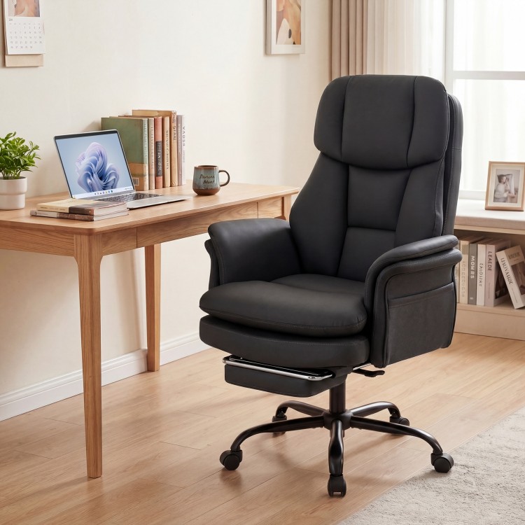Ergonomic black office chair with retractable footrest, adjustable armrests, and sturdy metal base for big and tall.