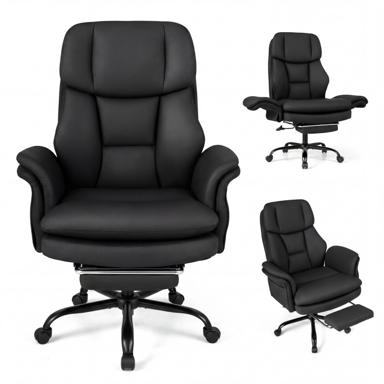 Ergonomic black office chair with retractable footrest, adjustable armrests, and durable cat scratch-resistant leather.