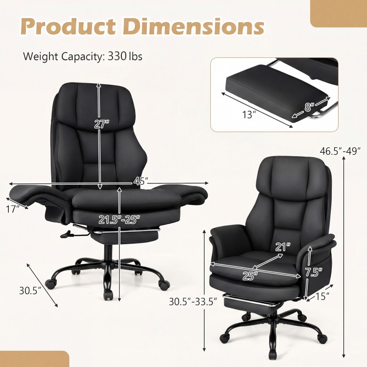 Ergonomic black office chair with retractable footrest, adjustable armrests, and dimensions for big and tall users.