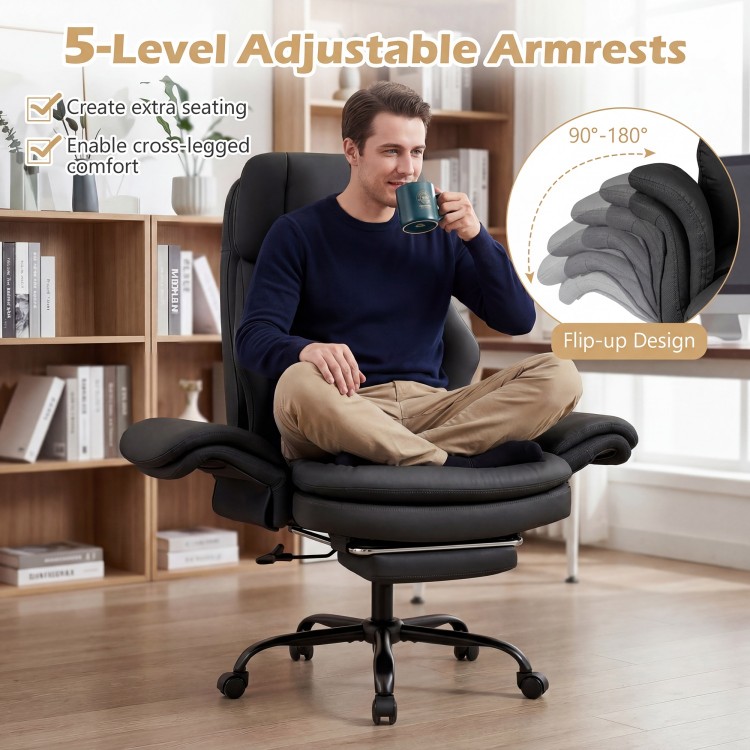 Ergonomic black office chair with 5-level adjustable armrests, designed for cross-legged comfort and relaxation.