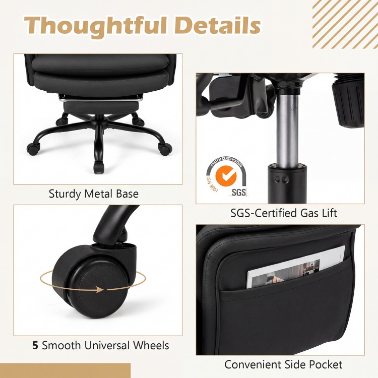 Sturdy metal base and smooth wheels of the ergonomic black office chair with side pocket and gas lift for comfort.