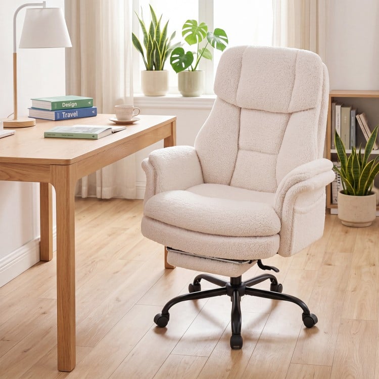Ergonomic white office chair featuring plush teddy fleece, height-adjustable seat, and convenient side pocket for easy access.