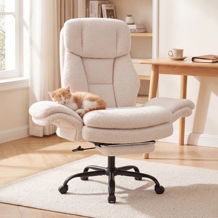Ergonomic white office chair with teddy fleece surface, adjustable armrests, and retractable footrest for comfort.