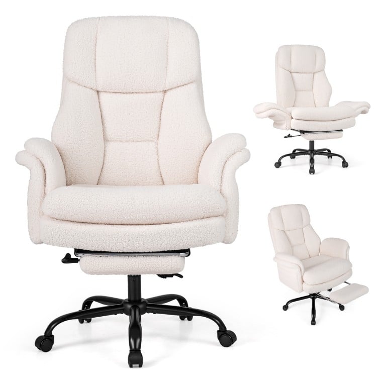 Ergonomic white office chair with retractable footrest and adjustable armrests for cross-legged seating and comfort.