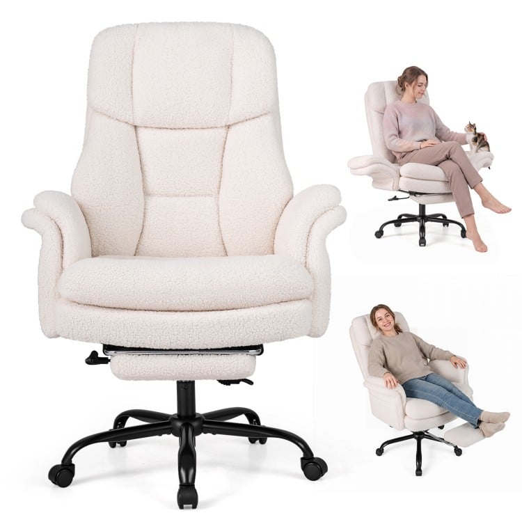 Ergonomic white office chair with retractable footrest, adjustable armrests, and sturdy metal base for comfort and support.