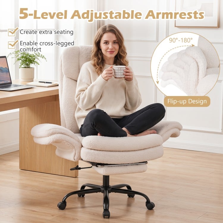 Ergonomic white office chair with 5-level adjustable armrests and retractable footrest for cross-legged comfort.