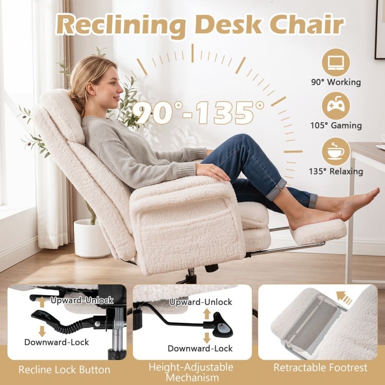 Ergonomic white office chair with retractable footrest, adjustable armrests, and customizable reclining for comfort.