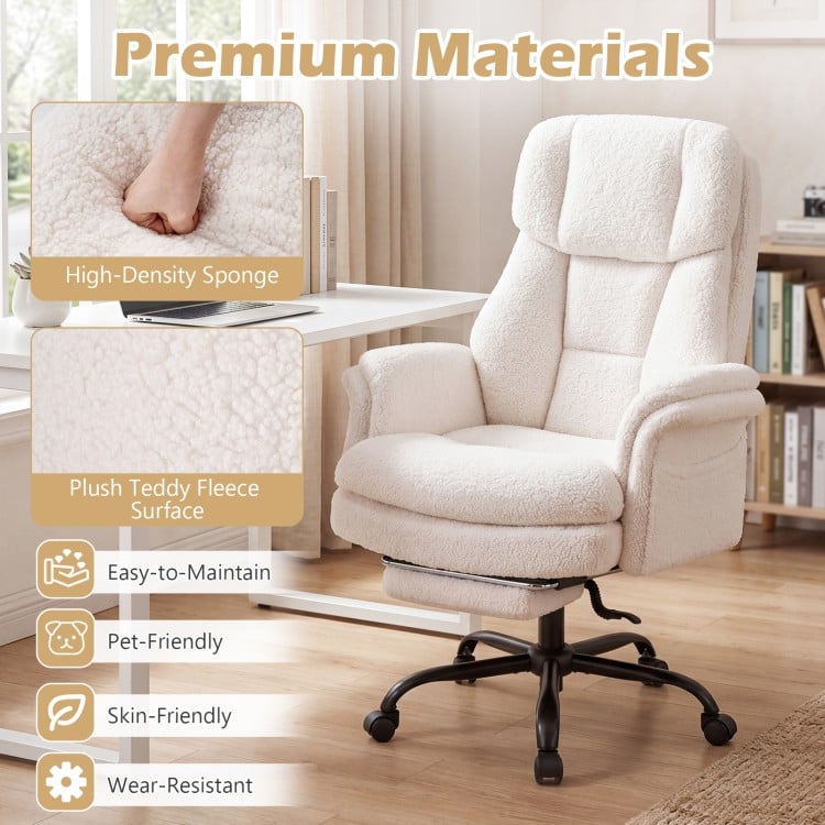 Ergonomic white office chair with plush teddy fleece surface, adjustable armrests, and retractable footrest for comfort.