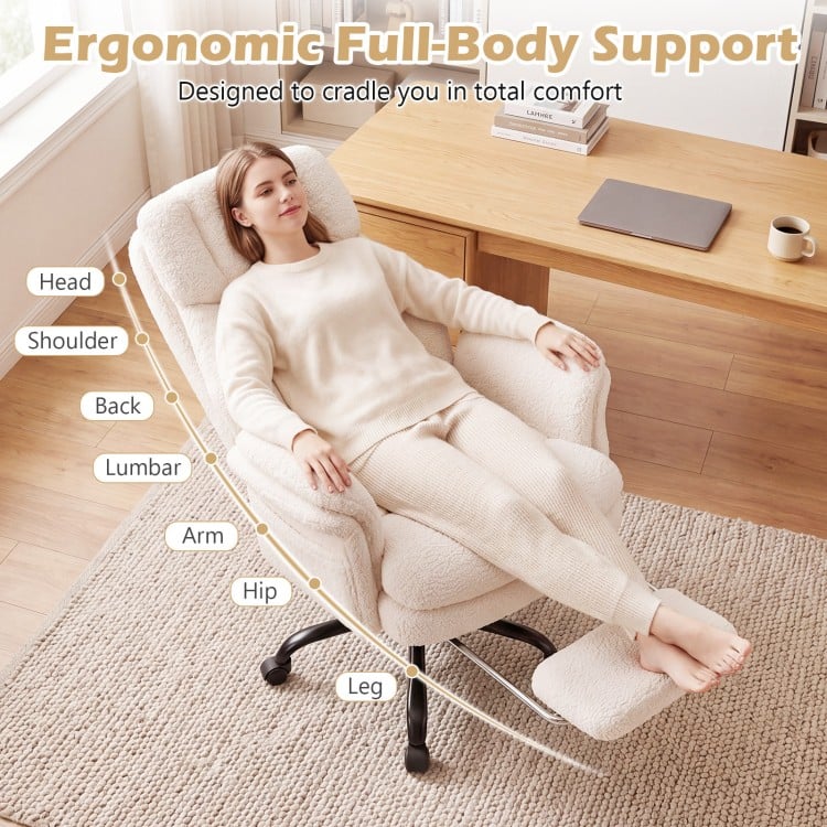 Ergonomic white office chair with retractable footrest, designed for full-body support and cross-legged seating comfort.