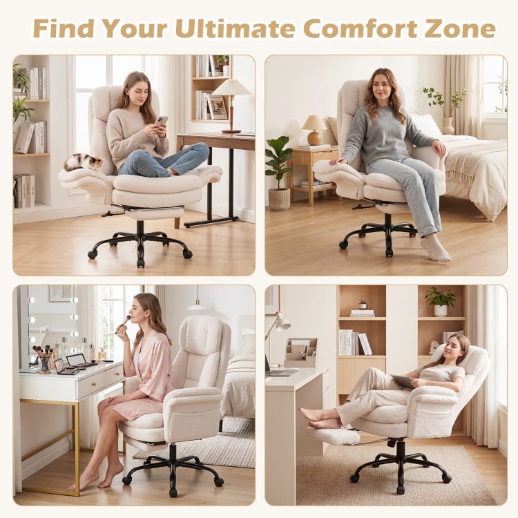 Ergonomic white office chair with retractable footrest, adjustable armrests, and full-body support for ultimate comfort.