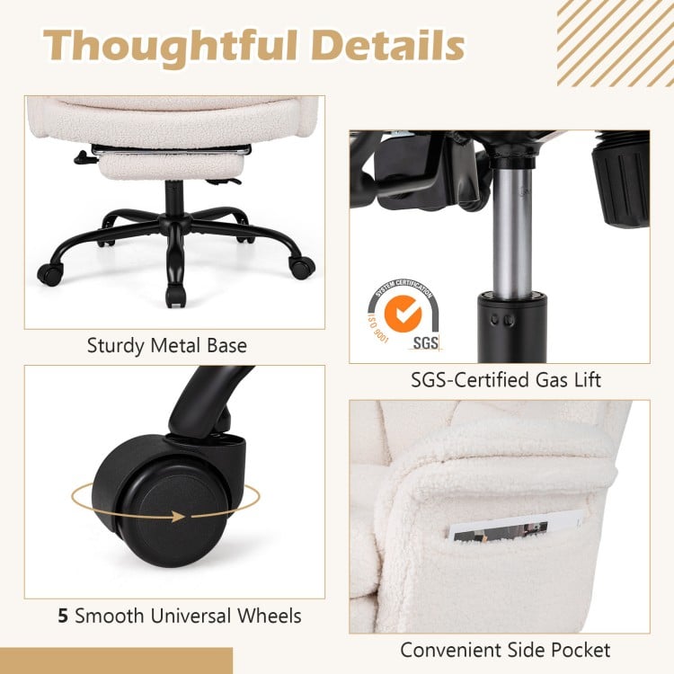 Sturdy metal base and 5 smooth universal wheels enhance mobility in this ergonomic white office chair with footrest.
