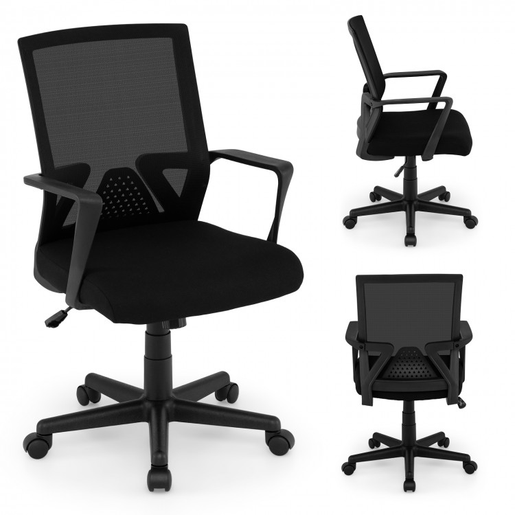 Ergonomic black desk chair with lumbar support, padded seat, and adjustable height for comfortable office use.