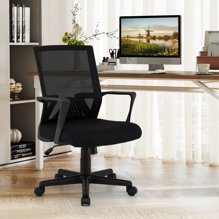 Ergonomic desk chair in black featuring a soft padded seat and breathable mesh back for all-day comfort and support.