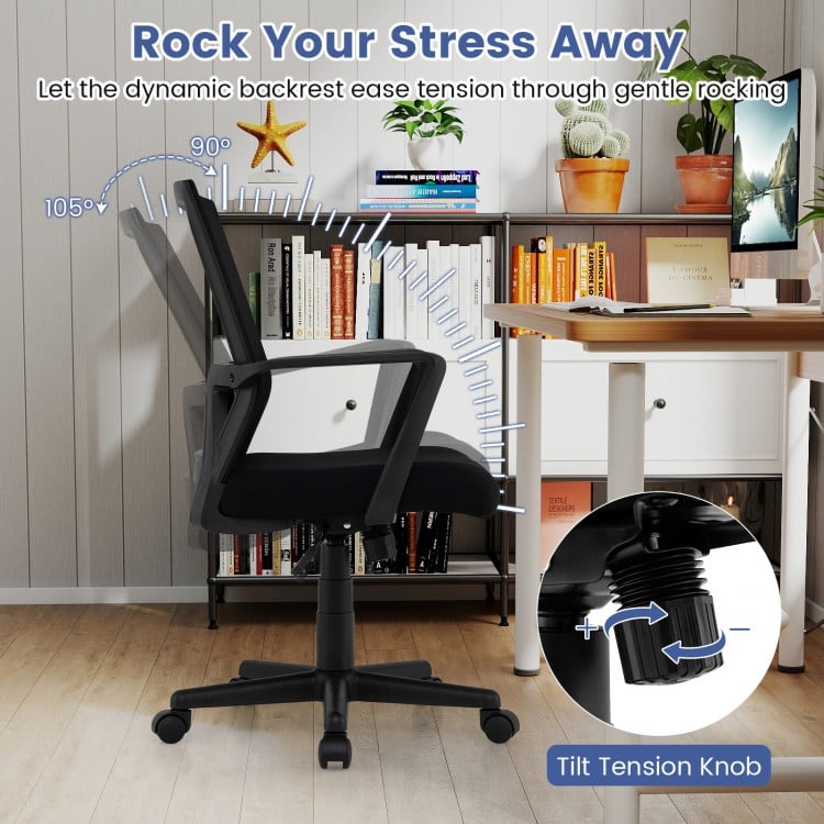 Ergonomic desk chair in black with lumbar support, rocking function, and adjustable height for comfortable office use.