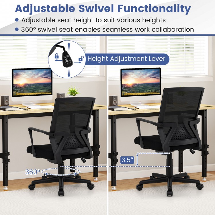 Ergonomic black desk chair with lumbar support, 360° swivel, and adjustable height from 17" to 21" for optimal comfort.
