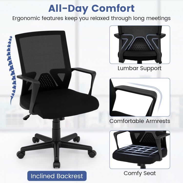 Ergonomic desk chair in black with lumbar support, breathable mesh, and adjustable height for all-day comfort.
