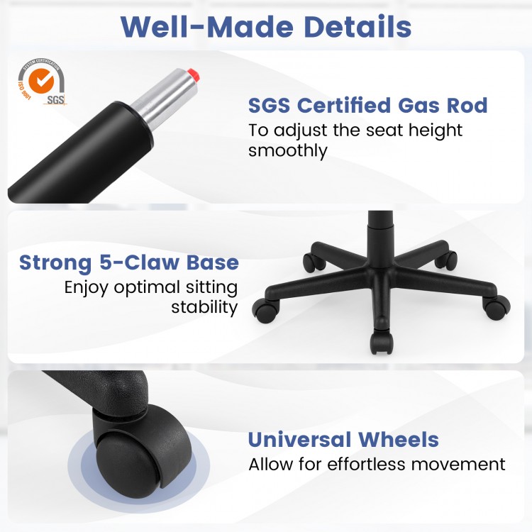 Close-up of the ergonomic desk chair's SGS certified gas rod and strong 5-claw base for optimal stability and height.