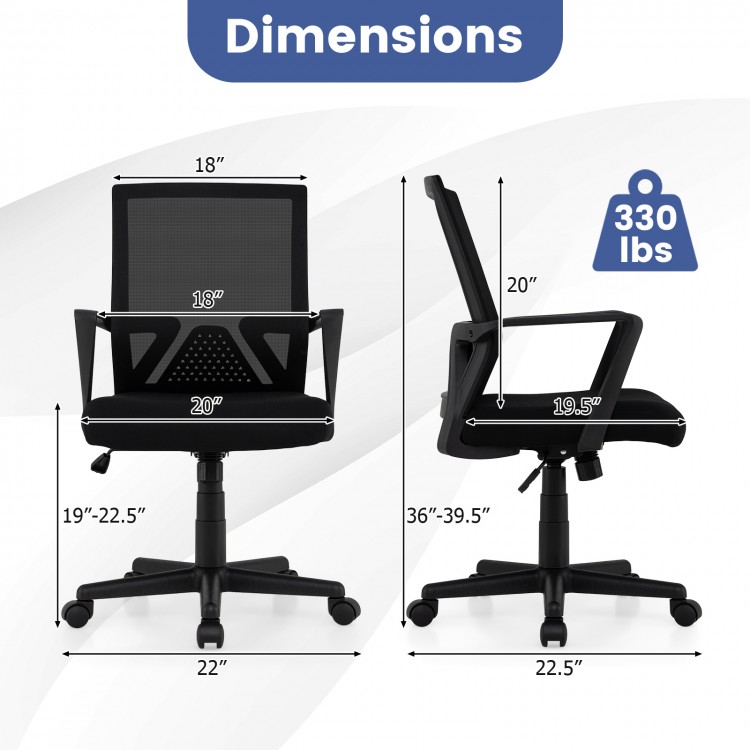 Ergonomic desk chair with lumbar support, adjustable height, and rocking function, shown in side and back views.