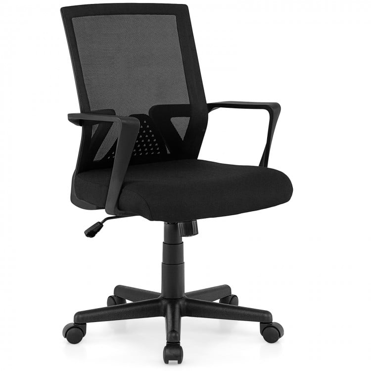 Ergonomic desk chair in black with lumbar support, padded seat, and adjustable height for comfortable office use.