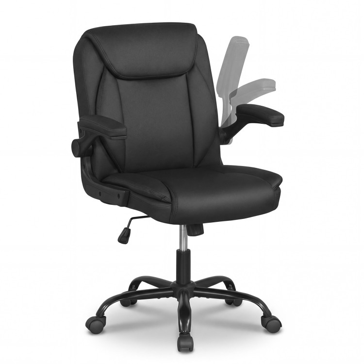 Ergonomic black leather office chair with flip-up armrests and rocking function for customizable comfort and support.