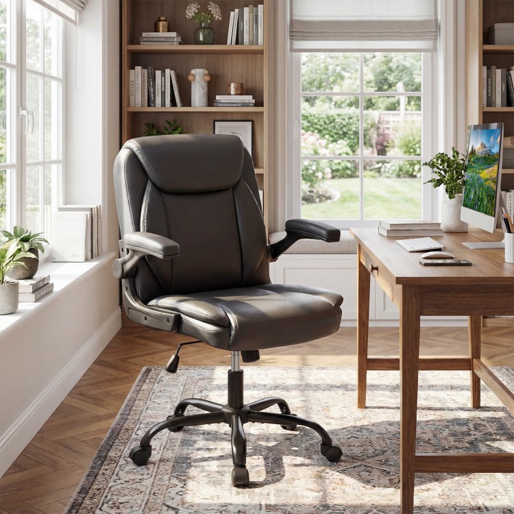 Ergonomic black leather office chair with flip-up armrests, rocking function, and adjustable height for comfortable.