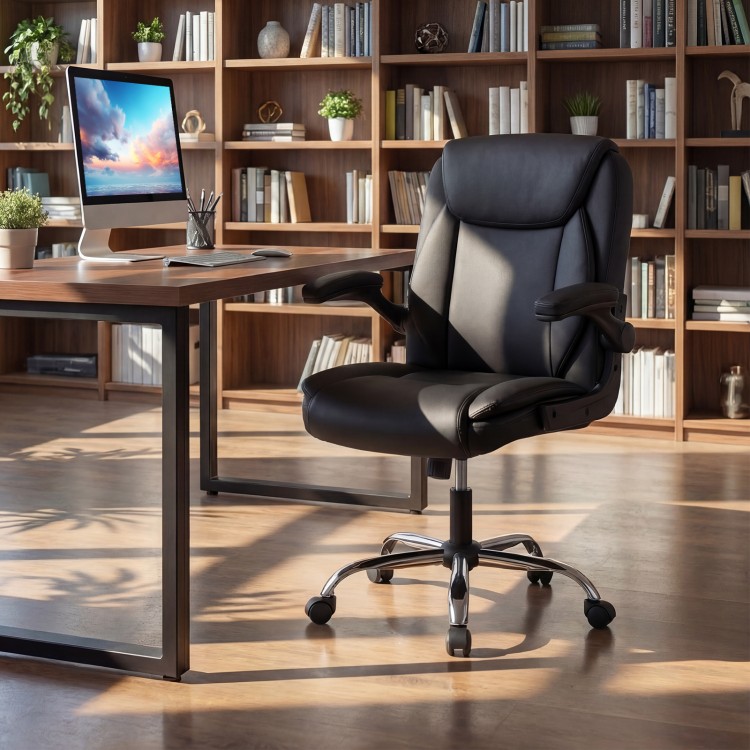 Ergonomic Leather Office Chair with Flip-up Armrests and Rocking Function - Gallery View 3 of 9