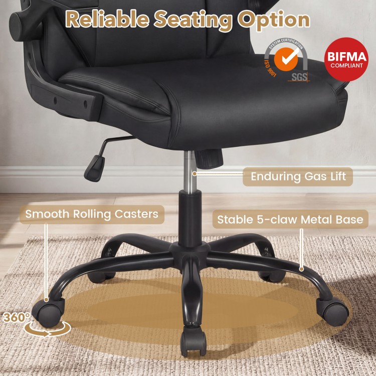 Ergonomic black leather office chair with flip-up armrests, gas lift, and smooth rolling casters for customizable.