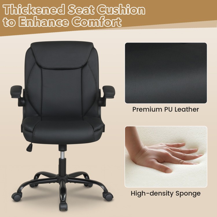 Ergonomic black office chair with thickened PU leather seat cushion, flip-up armrests, and rocking function for comfort.