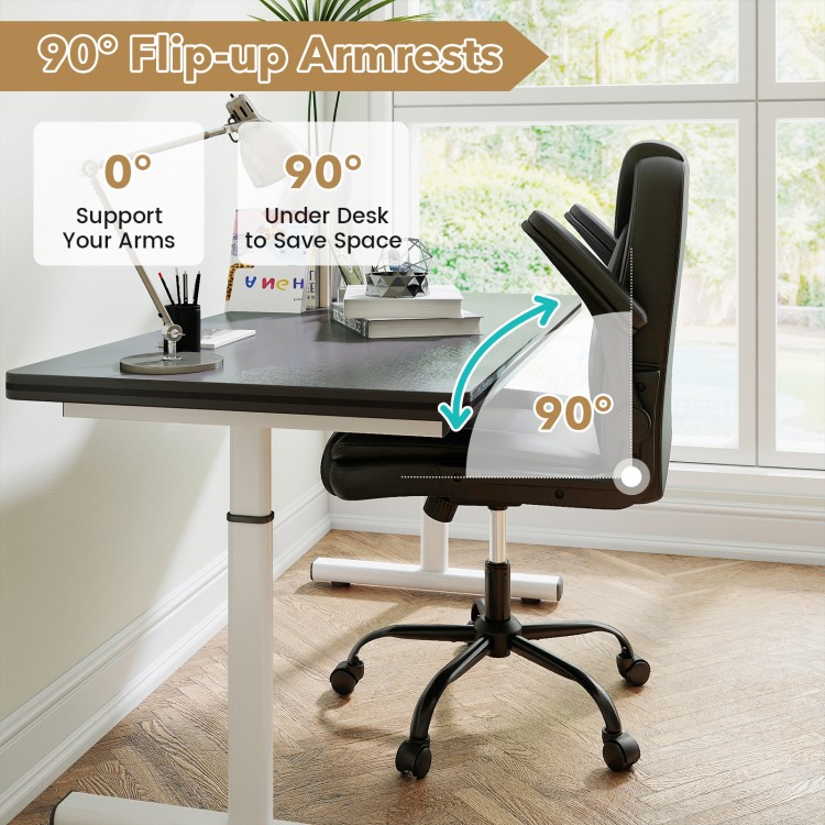 Ergonomic black office chair with 90° flip-up armrests, designed for comfort and space-saving under desk use.